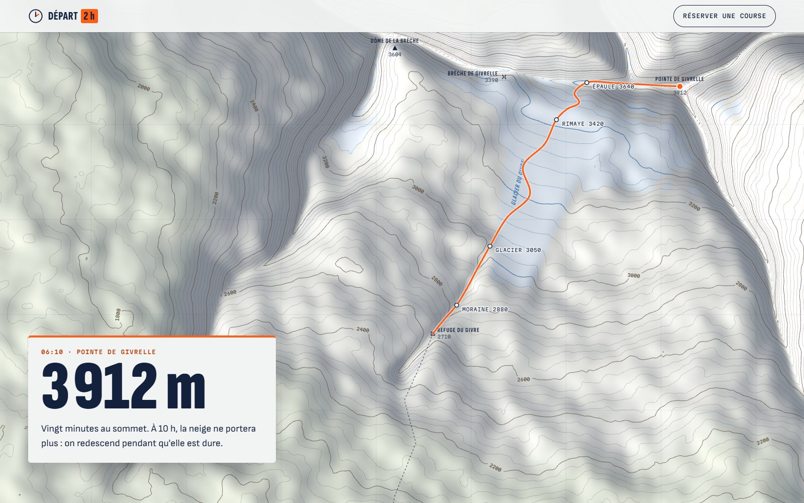 Au sommet : la carte en relief prend ses couleurs, du glacier à la vallée, avec l'itinéraire complet.