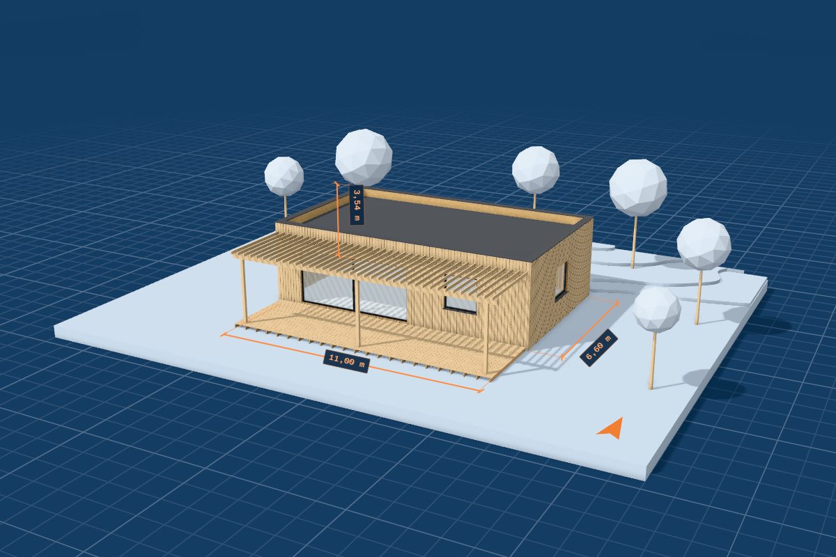 Maquette de La Terrasse : maison à toit plat avec pergola et terrasse en bois.
