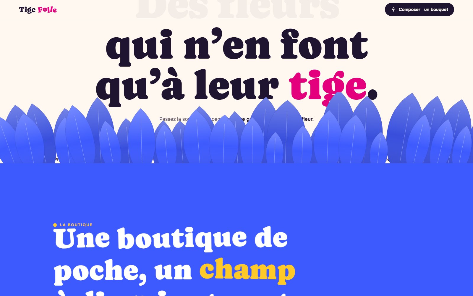 Le passage vers la boutique : une couronne de pétales bleuets s'ouvre au bas du jardin et recouvre la page au fil du défilement.