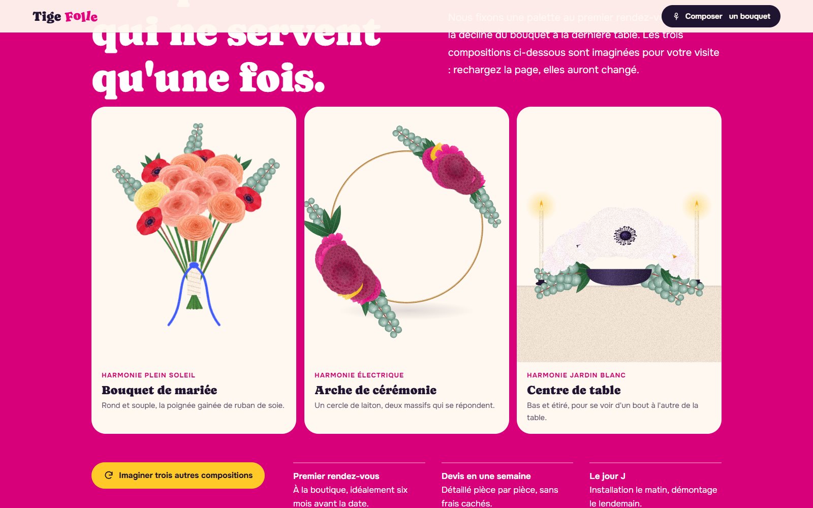 Trois compositions de mariage générées pour la visite : un bouquet de mariée, une arche de cérémonie et un centre de table.