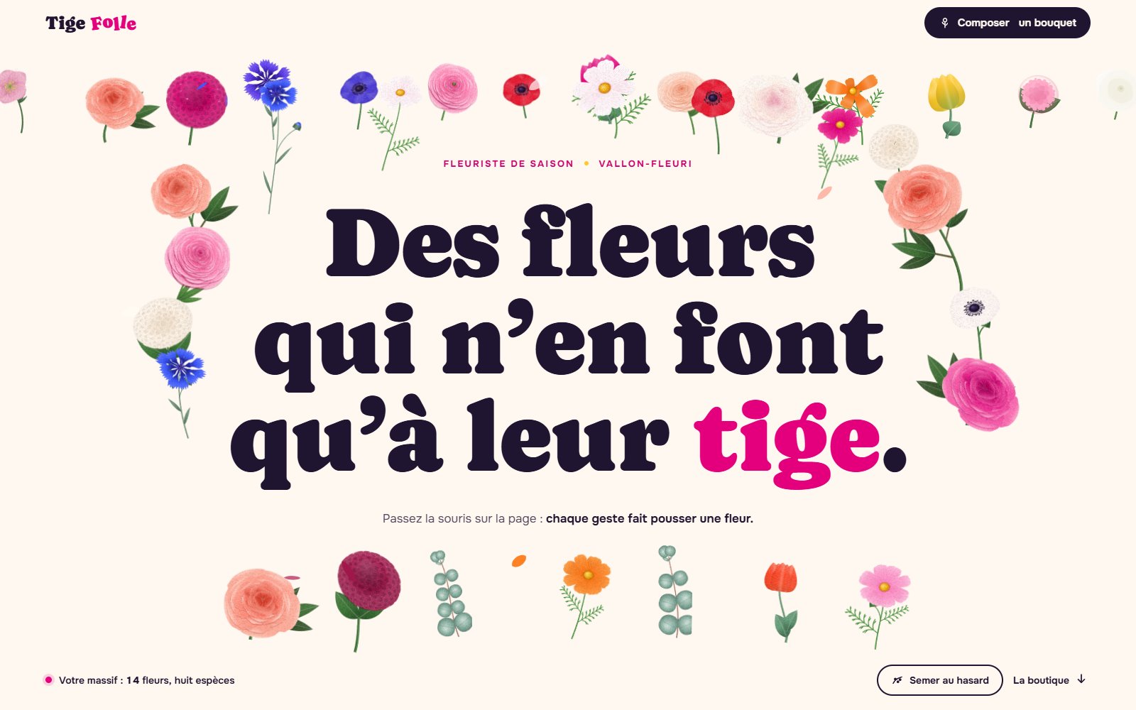 La page d'accueil du site, sur un ordinateur : le titre entouré d'un massif de fleurs dessinées par le code.