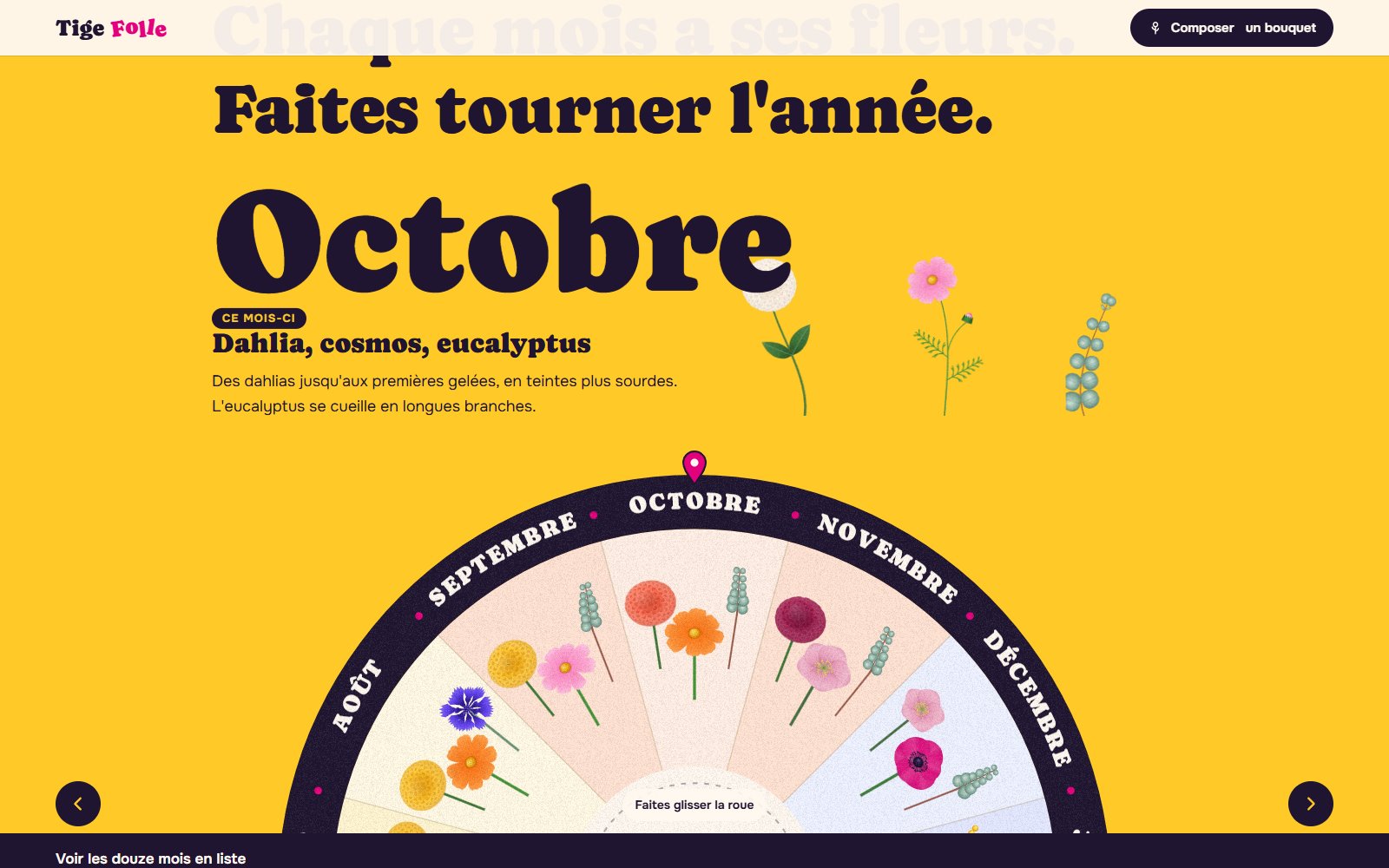 Le calendrier des saisons : une roue des douze mois qu'on fait tourner, arrêtée sur octobre, avec ses fleurs du moment.